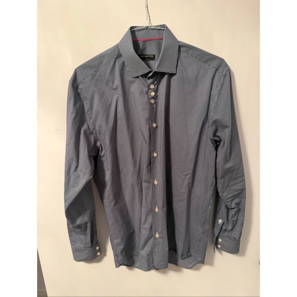 Masutto Men’s Button Up Long Sleeve Buttondown   Shirt Blue White dots Sz Large